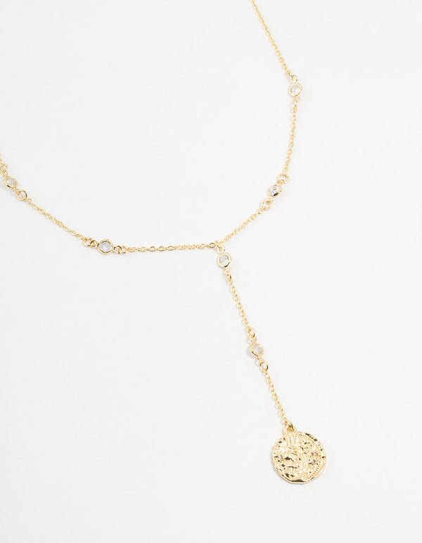 Gold Plated Cubic Zirconia & Large Coin Y-Necklace