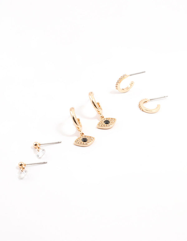 Evil Eye Gold Cubic Zirconia Hoop Earrings 3-Pack