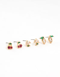 Gold Cubic Zirconia Mixed Fruit Stud Earrings 3-Pack - link has visual effect only