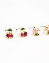 Gold Cubic Zirconia Mixed Fruit Stud Earrings 3-Pack - link has visual effect only