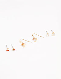 Gold Diamante Mushroom & Cherry Earrings 3-Pack - link has visual effect only