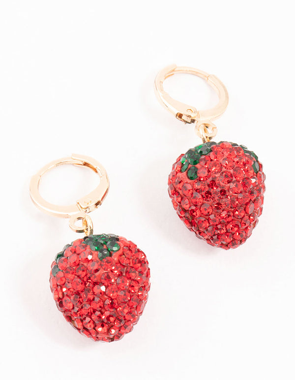 Strawberry Diamante Gold Huggie Earrings