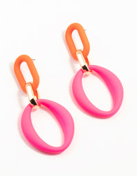 Pink & Orange Coated Metal Link Drop Earrings - link has visual effect only