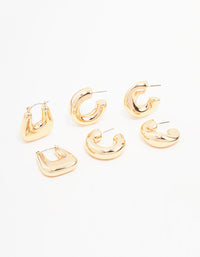 Gold Chunky Mixed Shaped Hoop Earrings 3-Pack - link has visual effect only