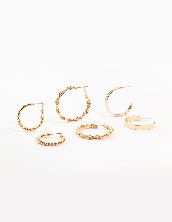 Gold Twisted Skinny Hoop Earrings 3-Pack