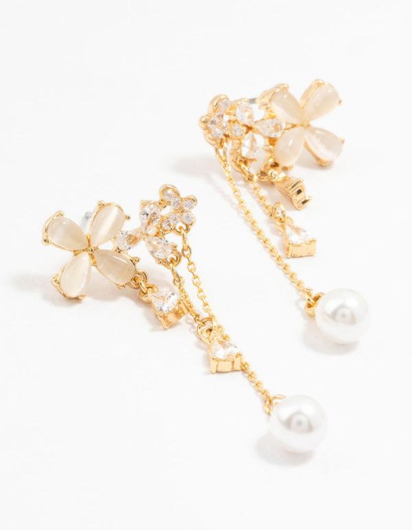 Gold Plated Flowers, Pearls & Pear Cubic Zirconia Drop Earrings