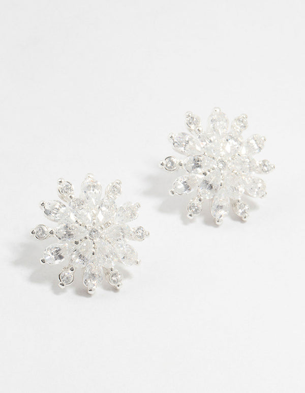 Large Silver Plated Round Floral Cubic Zirconia Stud Earrings