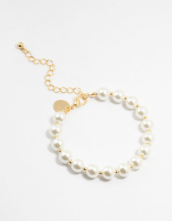 Gold Plated Alternating Medium Pearl & Ball Bracelet