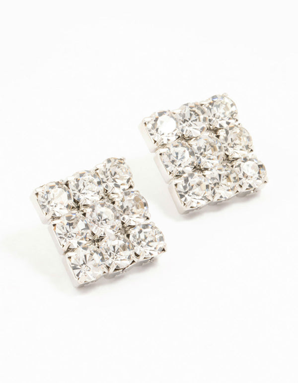 Rhodium Circular Diamante Square Statement Studs