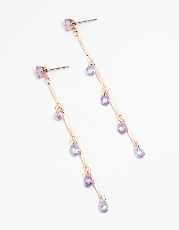 Rose Gold Purple Cubic Zirconia Droplet Drop Earrings