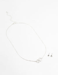 Silver Linked Circle Necklace & Stud Earrings Set - link has visual effect only