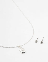 Silver Rectangular Diamante Necklace & Stud Earrings Set - link has visual effect only