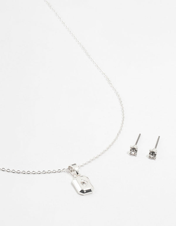 Silver Rectangular Diamante Necklace & Stud Earrings Set