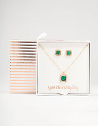 Gold Square Halo Green Diamante Necklace & Stud Earrings Set - link has visual effect only