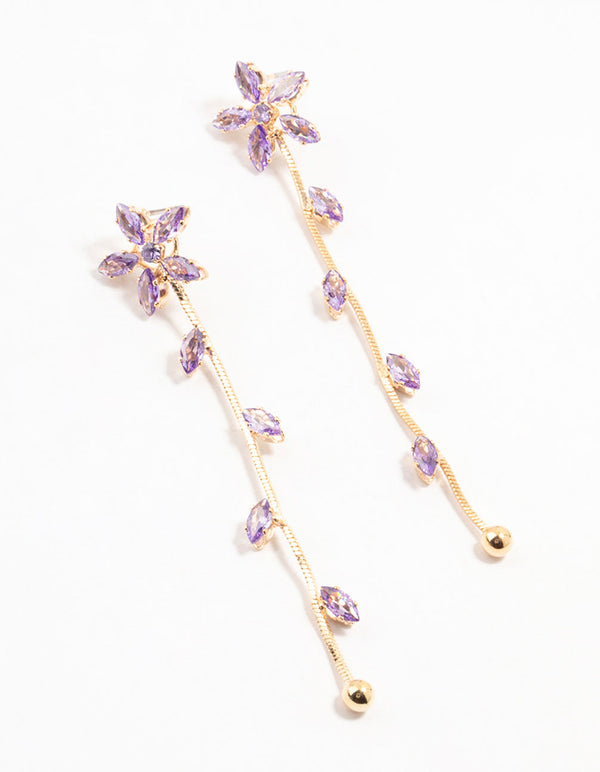 Gold Purple Cubic Zirconia Flower Vine Drop Earrings