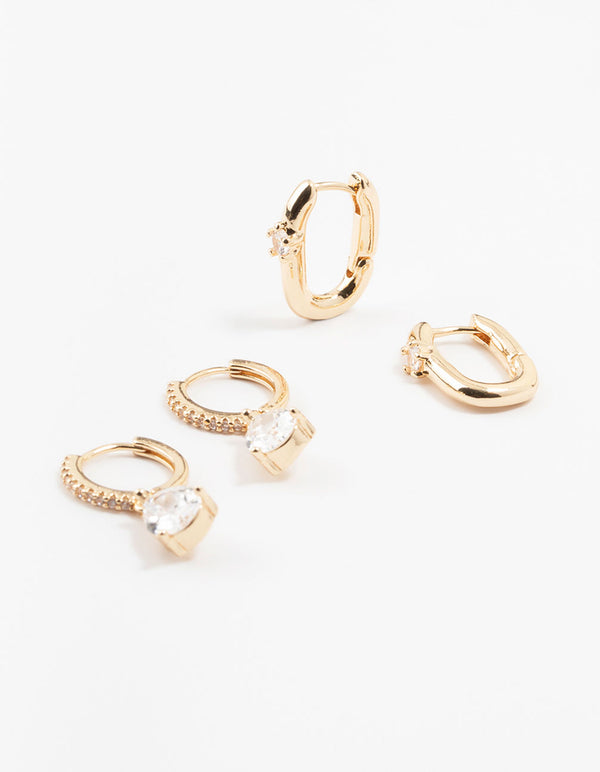 Gold Square & Cubic Zirconia Drop Hoop Earrings Pack