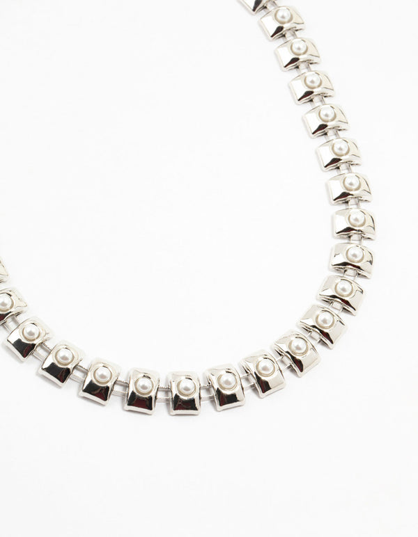 Large Rhodium Pearl Chain Short Necklace