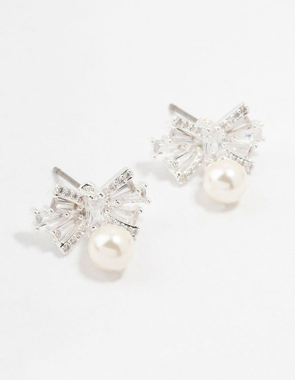 Small Cubic Zirconia Bow & Pearl Silver Stud Earrings