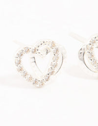 Sterling Silver Cubic Zirconia Heart Link Stud Earrings - link has visual effect only