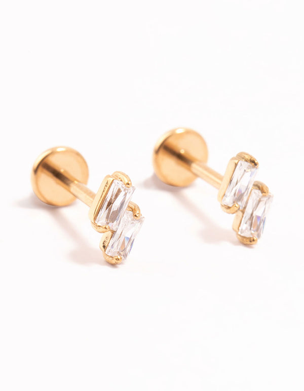 Gold Plated Surgical Steel Double Cubic Zirconia Flat Backs