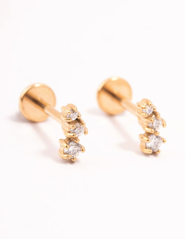 Gold Plated Surgical Steel Trio Cubic Zirconia Flat Backs