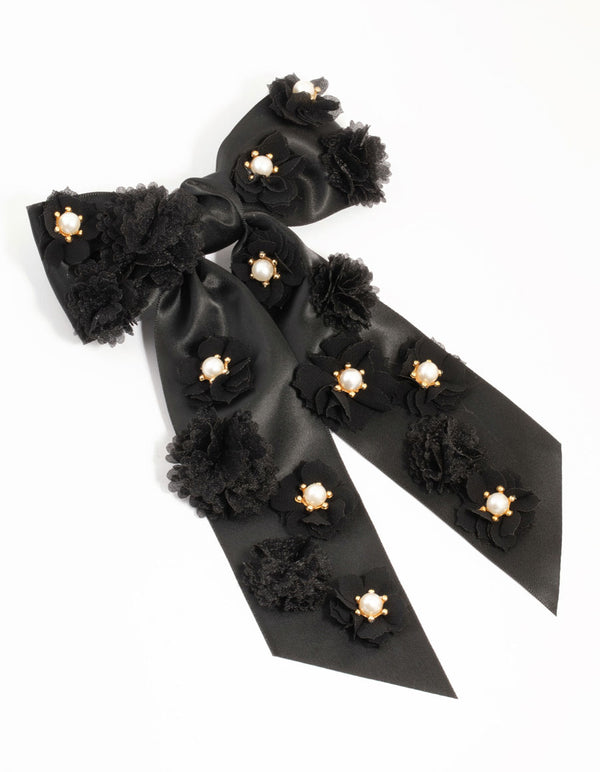 Black Flowers Fabric Bow Clip