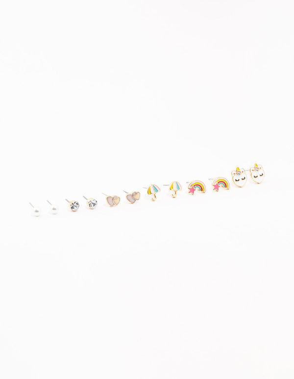 Kids Gold Pastel Unicorn Stud & Rainbow & Heart Earrings Pack