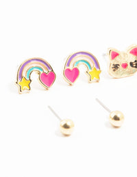 Kids Gold Cat Celestial Stud Earrings Pack - link has visual effect only