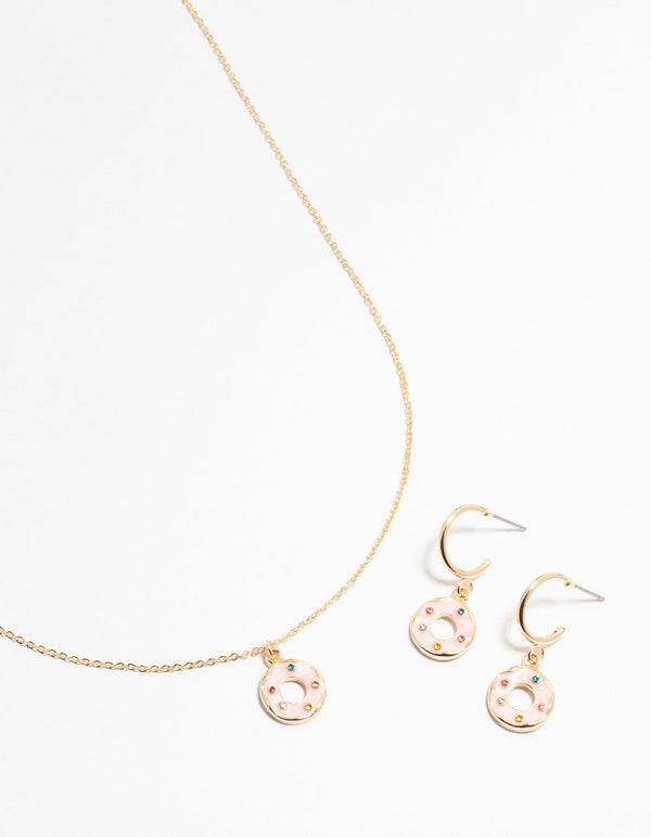 Gold Enamel Donut Necklace & Earrings Set