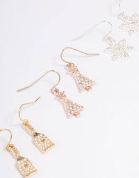 Mixed Metals Snowflake, Wine Bottle & Tree Earrings 3-Pack - link has visual effect only