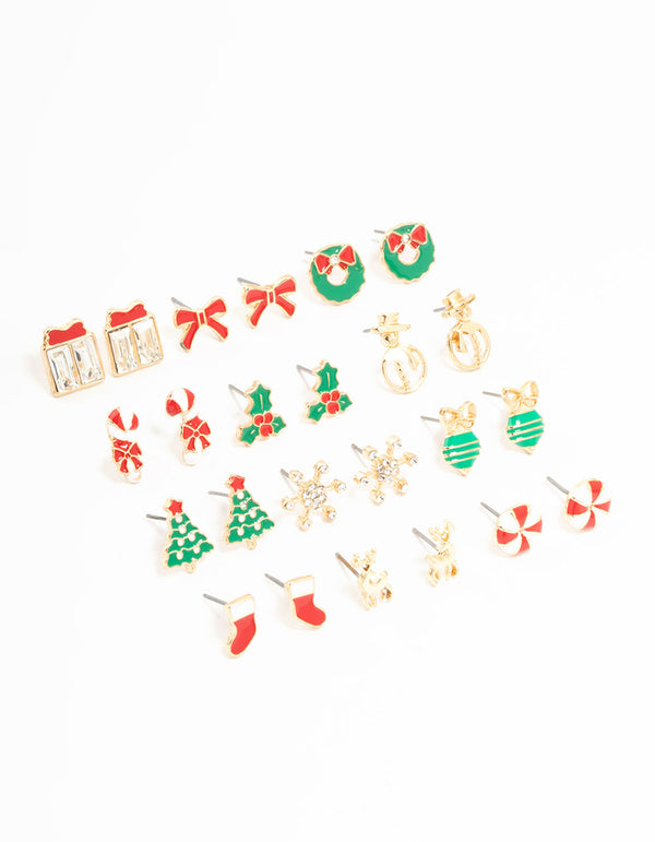 Candy Cane & Bow Gold Earrings 12-Pack