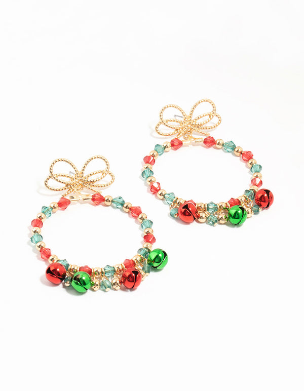 Green & Red Festive Bell Hoop Drop Earrings