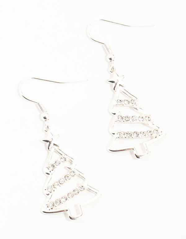 Silver Diamante Tree Outline Drop Earrings