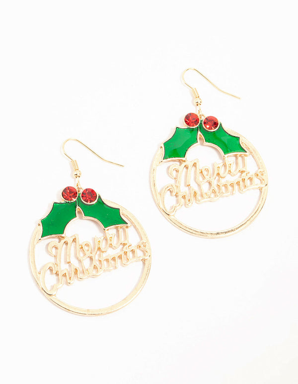 Gold Merry Christmas Wreath Hoop Drop Earrings