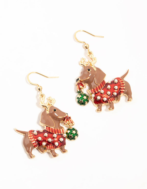 Gold Sausage Dog Drop Earrings