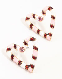 Pink & Red Candy Cane Heart Gold Stud Earrings - link has visual effect only