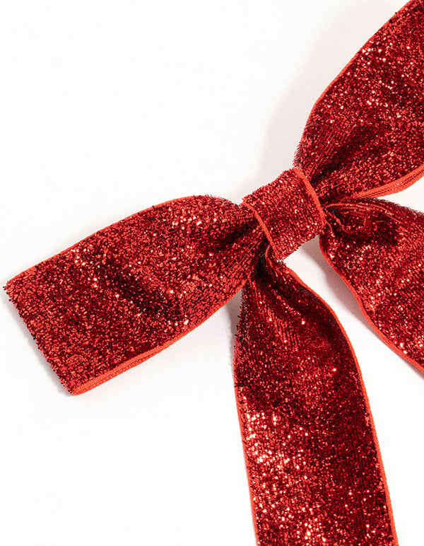 Shiny Red Glitter Fabric Bow Clip