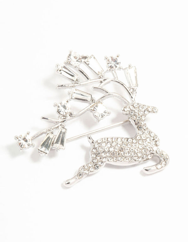 Rhodium Diamante Reindeer Brooch