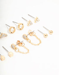 Gold Stud & Chain Diamante Earrings 8-Pack - link has visual effect only