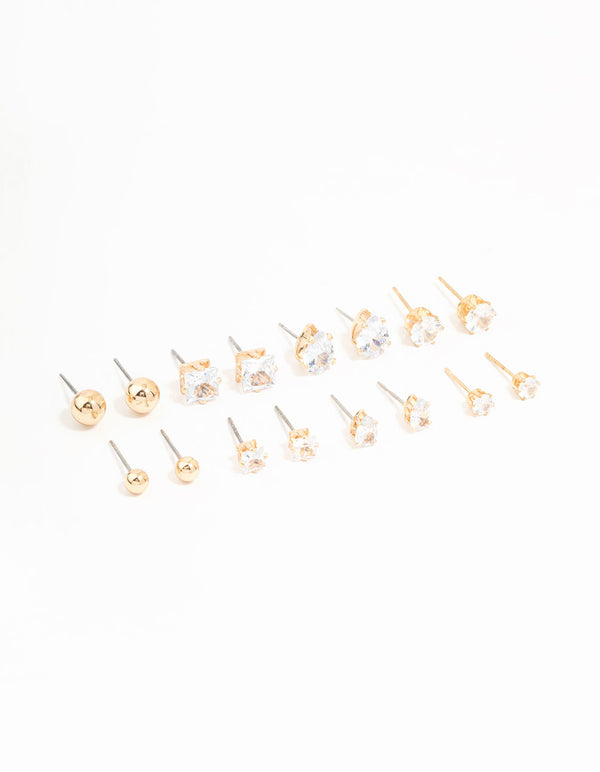 Gold Mixed Shaped Diamante Stud Earrings 8-Pack