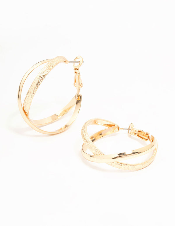 Gold Mixed Texture Crossover Hoop Earrings