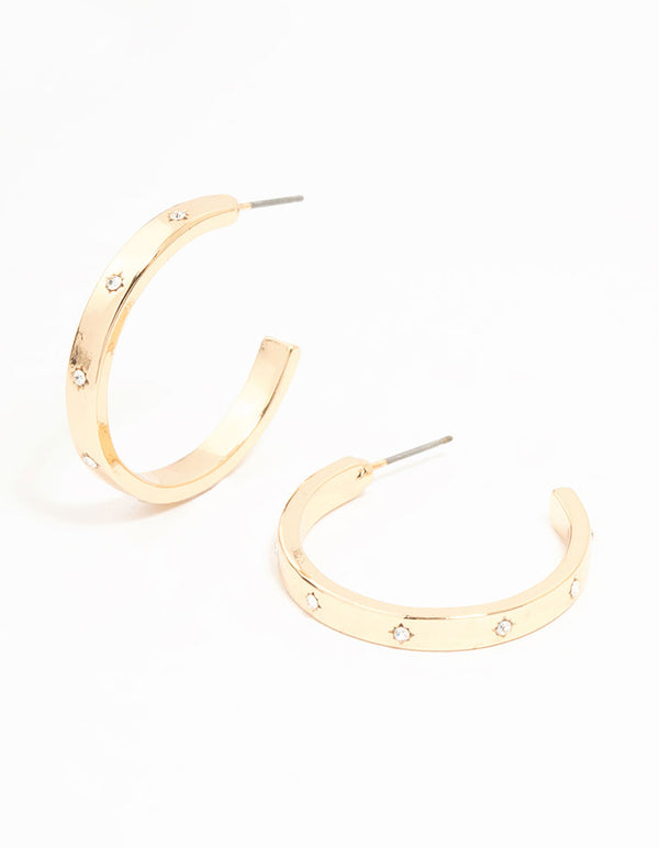 Gold Diamante Inlay Medium Hoop Earrings