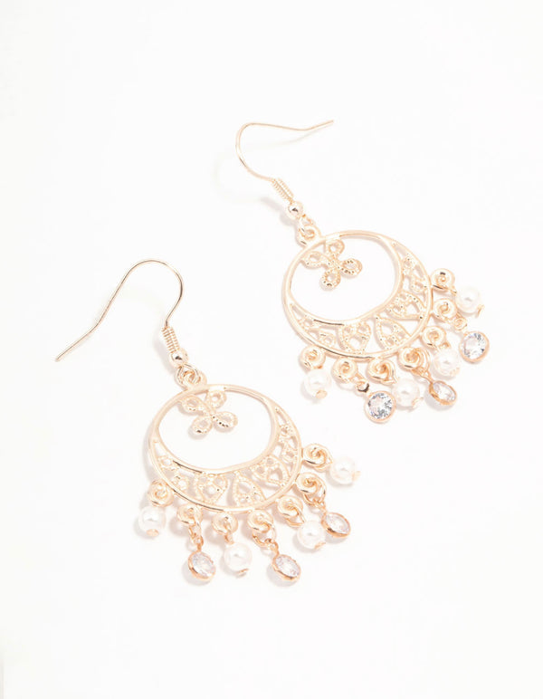 Rose Gold Filigree Pearl & Diamante Drop Earrings