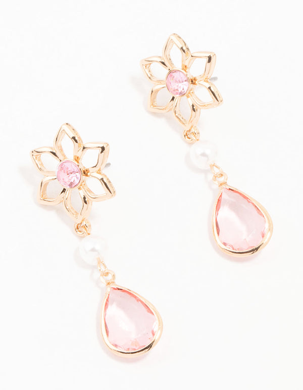 Gold Flower, Pearl & Pink Pear Diamante Drop Earrings