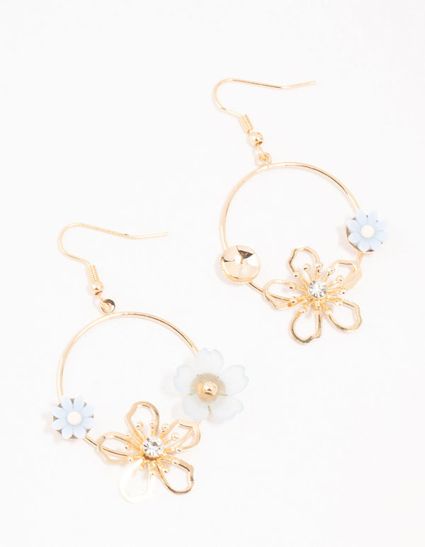 Gold Acrylic Blue Flower Round Drop Earrings