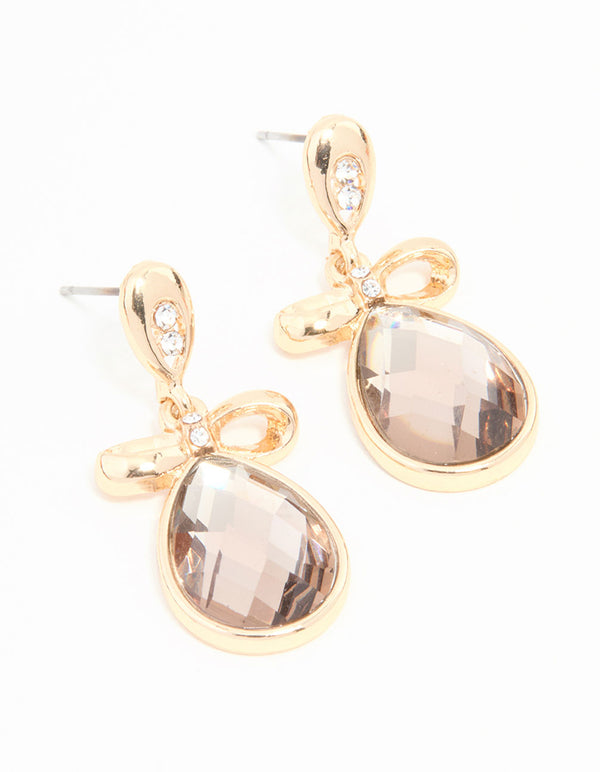 Dusty Pink  Diamante & Bow Gold Earrings