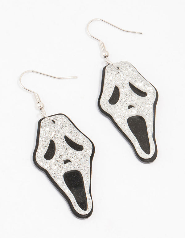 Acrylic Silver & Black Glitter Ghost Face Drop Earrings