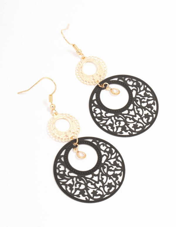 Black Coated Metal Filigree Disc Drop Earrings