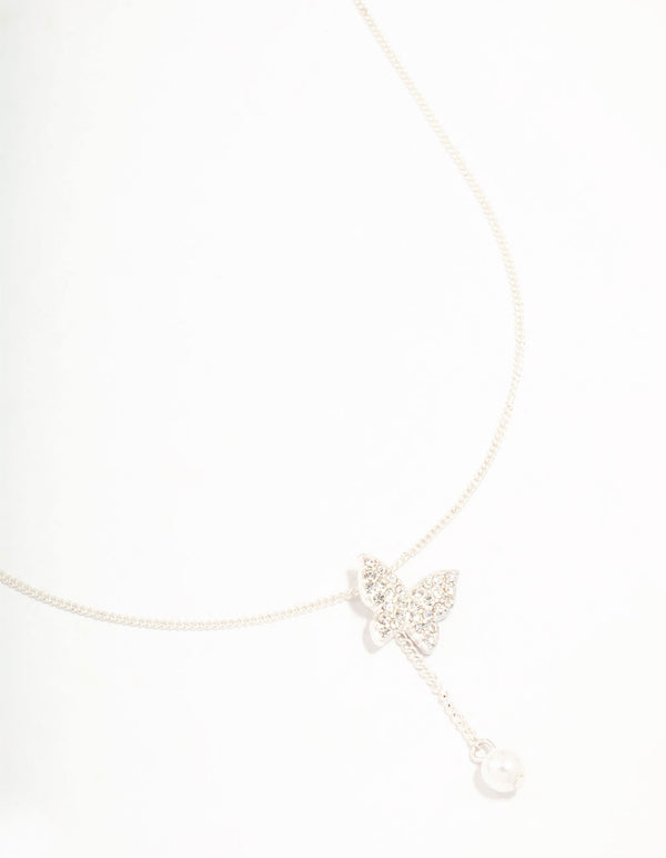 Silver Diamante Butterfly & Pearl Y-Necklace