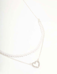 Silver Pearl & Diamante Heart Layered Necklace - link has visual effect only